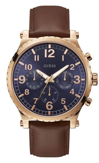 GUESS Multifunction Rose Gold Brown Leather Strap W1215G1