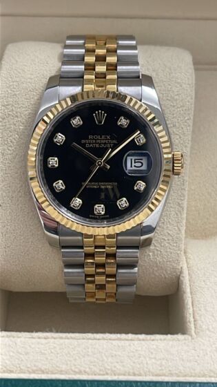 Rolex date just 36mm jubilee yellow gold/steel black diamonds