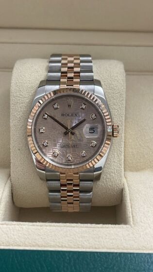 Rolex date just 36mm pink/steel jubille band black diamonds dial